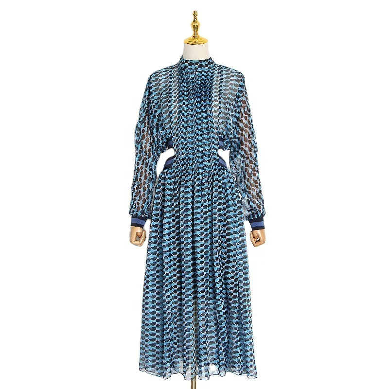 CHICEVER Summer Print Dress For Women Stand Collar Long Sleeve High Waist Hollow Out Midi
CHICEVER Summer Print Dress For Women Stand Collar Long Sleeve High Waist Hollow Out Midi