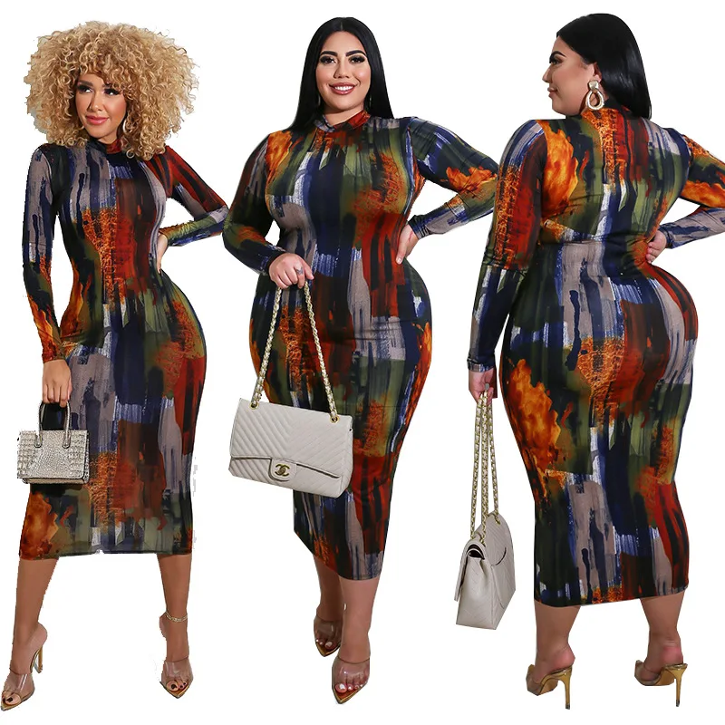 

Fashion Elegant Casual New Arrivals Tie Dye Long Sleeve Women Ladies 4Xl Long Fitted Print Sexy Plus Big Size Dress