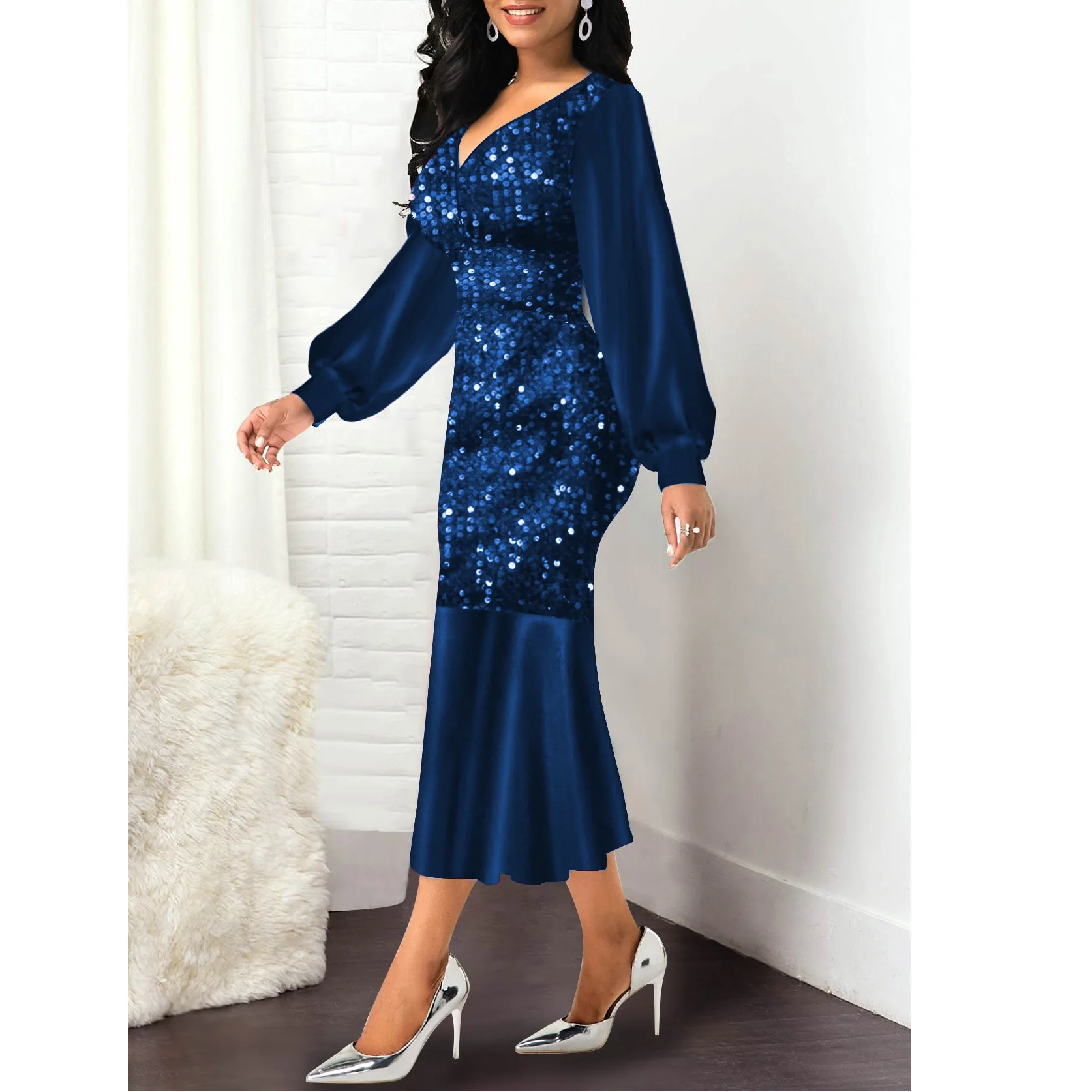 2021 Hot Selling Sexy Autumn Casual V-neck Splicing Shiny Slim Party High Waist Mid-Length Mermaid Skirt Women Dress, Picture
2021 Hot Selling Sexy Autumn Casual V-neck Splicing Shiny Slim Party High Waist Mid-Length Mermaid Skirt Women Dress, Picture