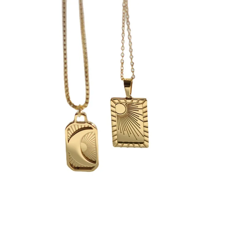 European US Style 18K Gold Plated Moon Sunlight Square Pendant Necklace Moon Sun Stainless Steel Necklace 
European US Style 18K Gold Plated Moon Sunlight Square Pendant Necklace Moon Sun Stainless Steel Necklace
