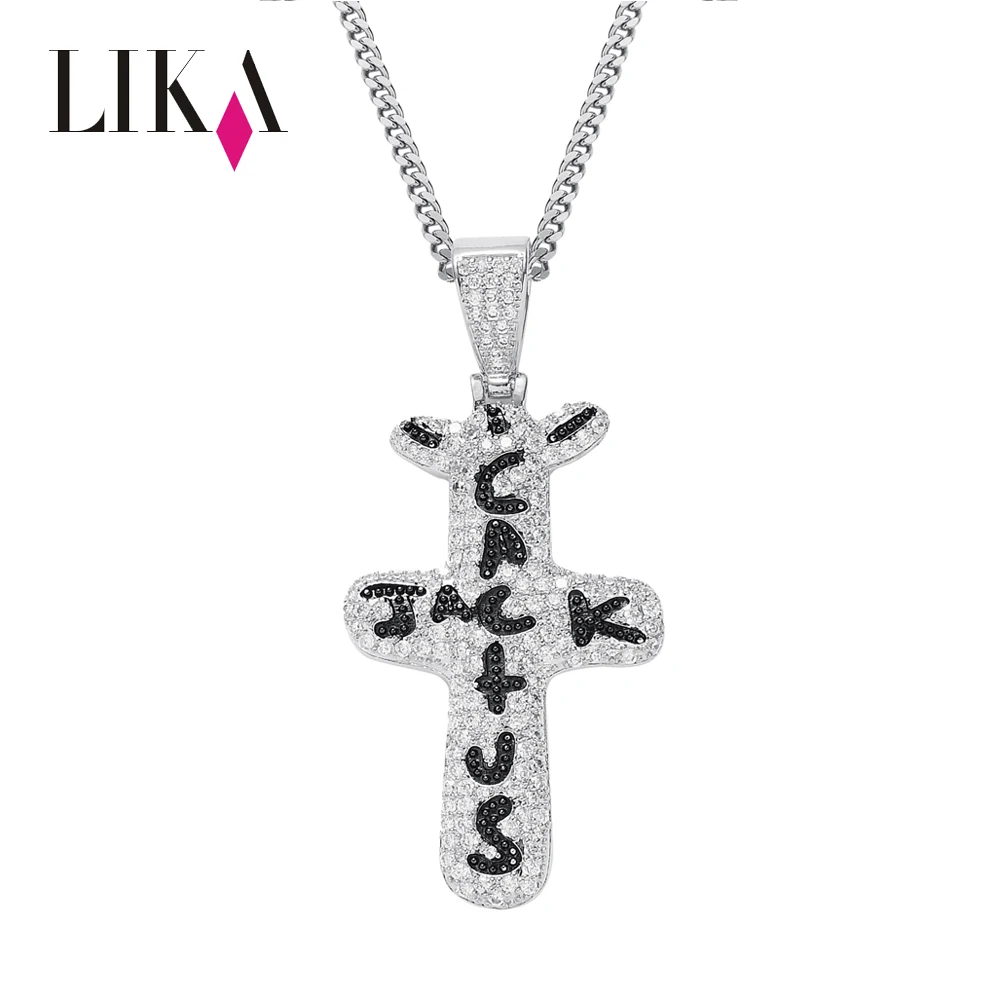 

LIKA Wholesale fashion hip hop jewelry drop cross pendant copper zircon necklace travis scott cross cactus Jack pendant, Sliver gold