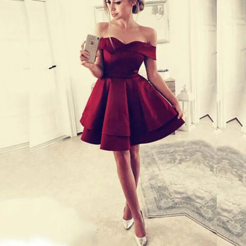 

Inexpensive Off Shoulder Burgundy Satin Sexy Homecoming Dresses, Custom made