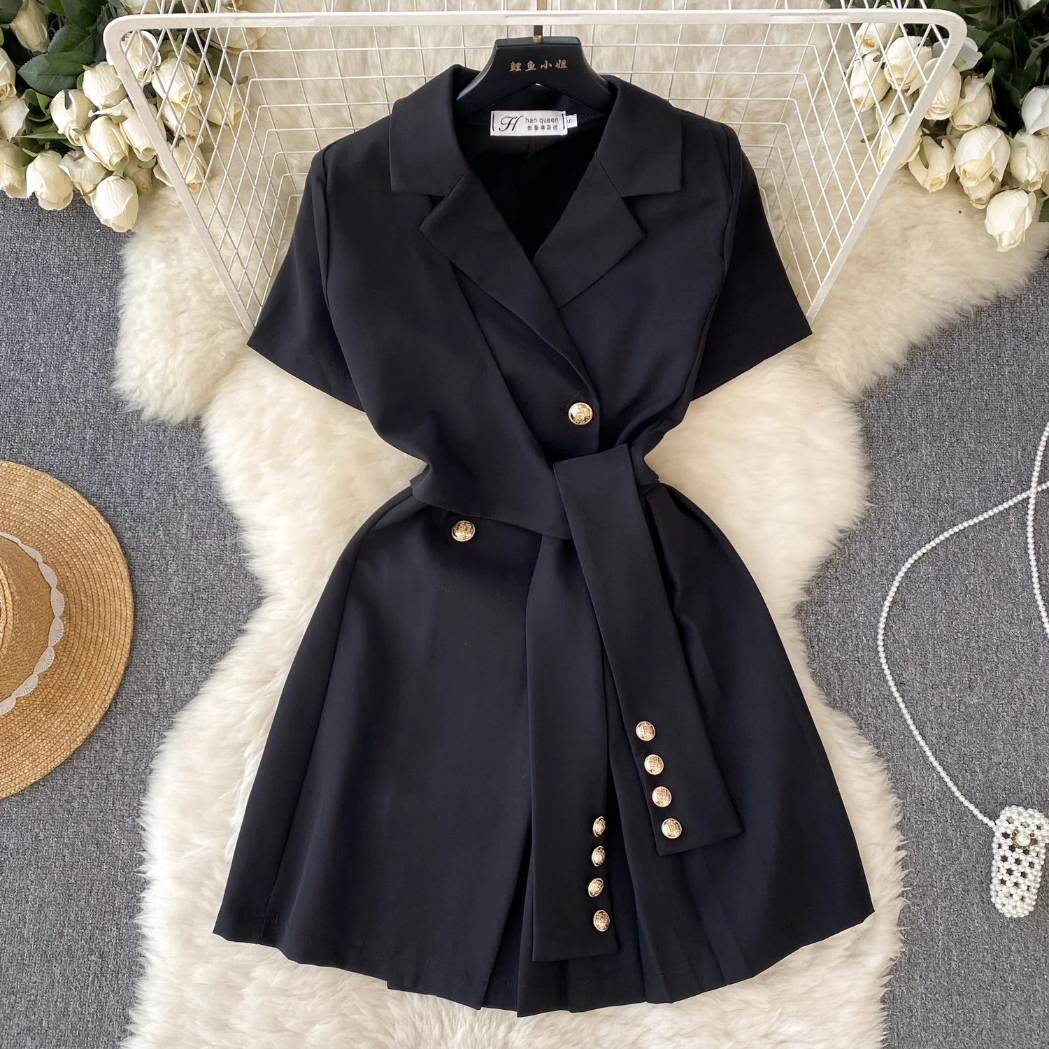 Retro Suit Lapel Short-Sleeved Dress Women's Summer Tie Waist Slimming Temperament Casual Dress
Retro Suit Lapel Short-Sleeved Dress Women's Summer Tie Waist Slimming Temperament Casual Dress