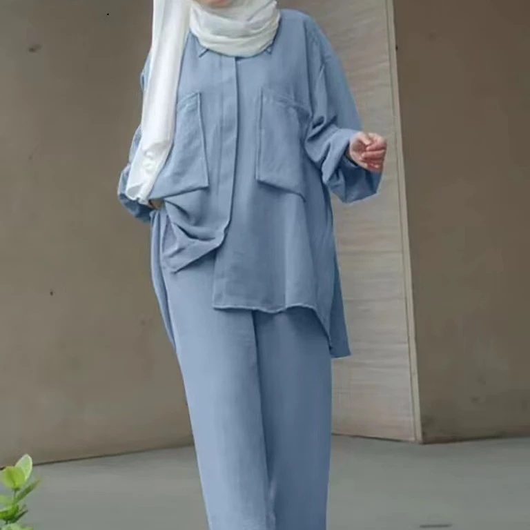Long sleeve patch pocket concealed door barrel dyed buckle rubber waist pants and shirt 2 piece set women muslim
Long sleeve patch pocket concealed door barrel dyed buckle rubber waist pants and shirt 2 piece set women muslim