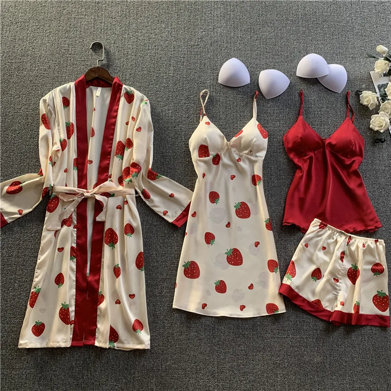 Wholesale Satin Silk Print Nightwear Sleepwear 4 Pieces Set Spaghetti Strap Printed Pajamas For Women, 4 colors
Wholesale Satin Silk Print Nightwear Sleepwear 4 Pieces Set Spaghetti Strap Printed Pajamas For Women, 4 colors