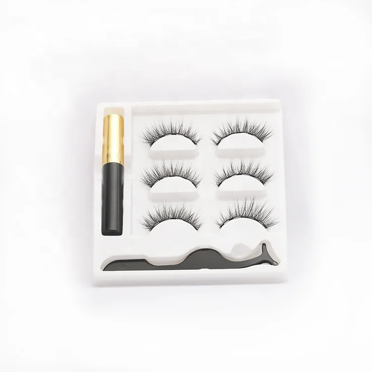 

Custom Logo Mink Eyelashes Vendor 3d Magnetic Eyelashes With tweezers and Eyeliner, Natural black