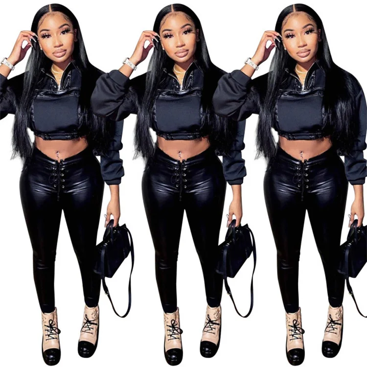 LvCong 2022 PU women fashion crop top two piece leather outfits trousers bandage design leather 2 piece set
LvCong 2022 PU women fashion crop top two piece leather outfits trousers bandage design leather 2 piece set