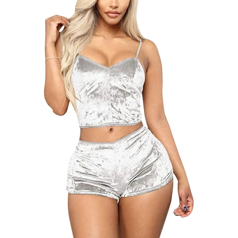 Women's Sexy Velvet 2 Piece Outfit Spaghetti Strap Sleeveless Crop Top+ Shorts Set, Shown
Women's Sexy Velvet 2 Piece Outfit Spaghetti Strap Sleeveless Crop Top+ Shorts Set, Shown
