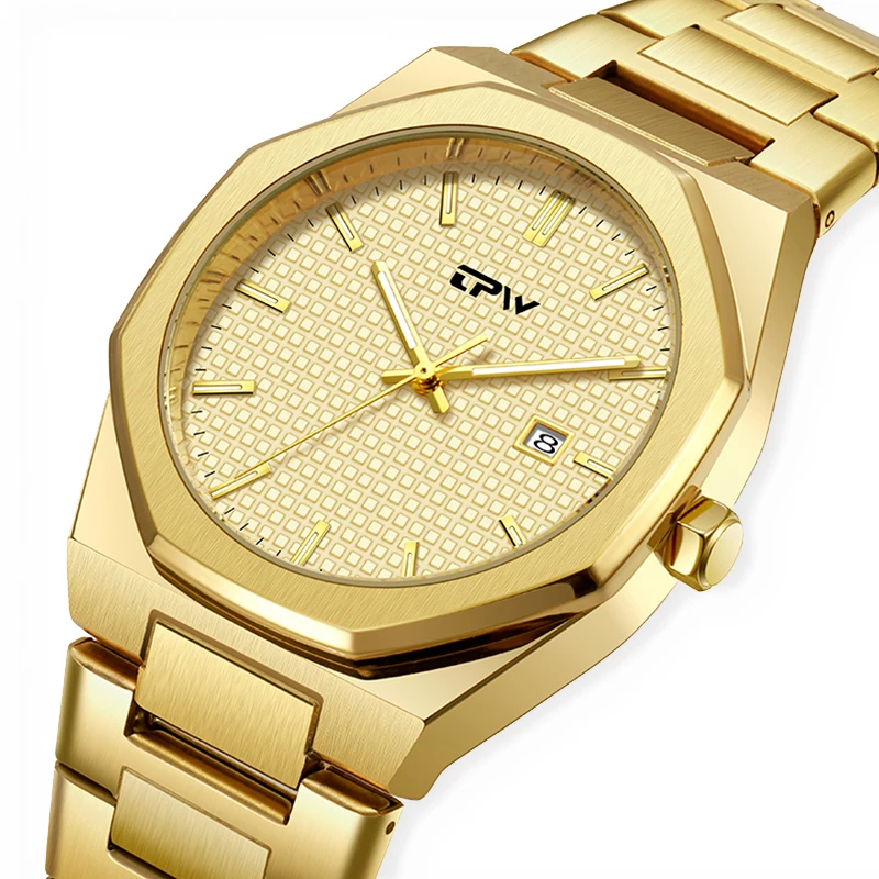 

High Quality Luxury Golden Analog Stainless Steel Quartz Watches For Men With Complete Calendar Logo Relojes De Cuarzo