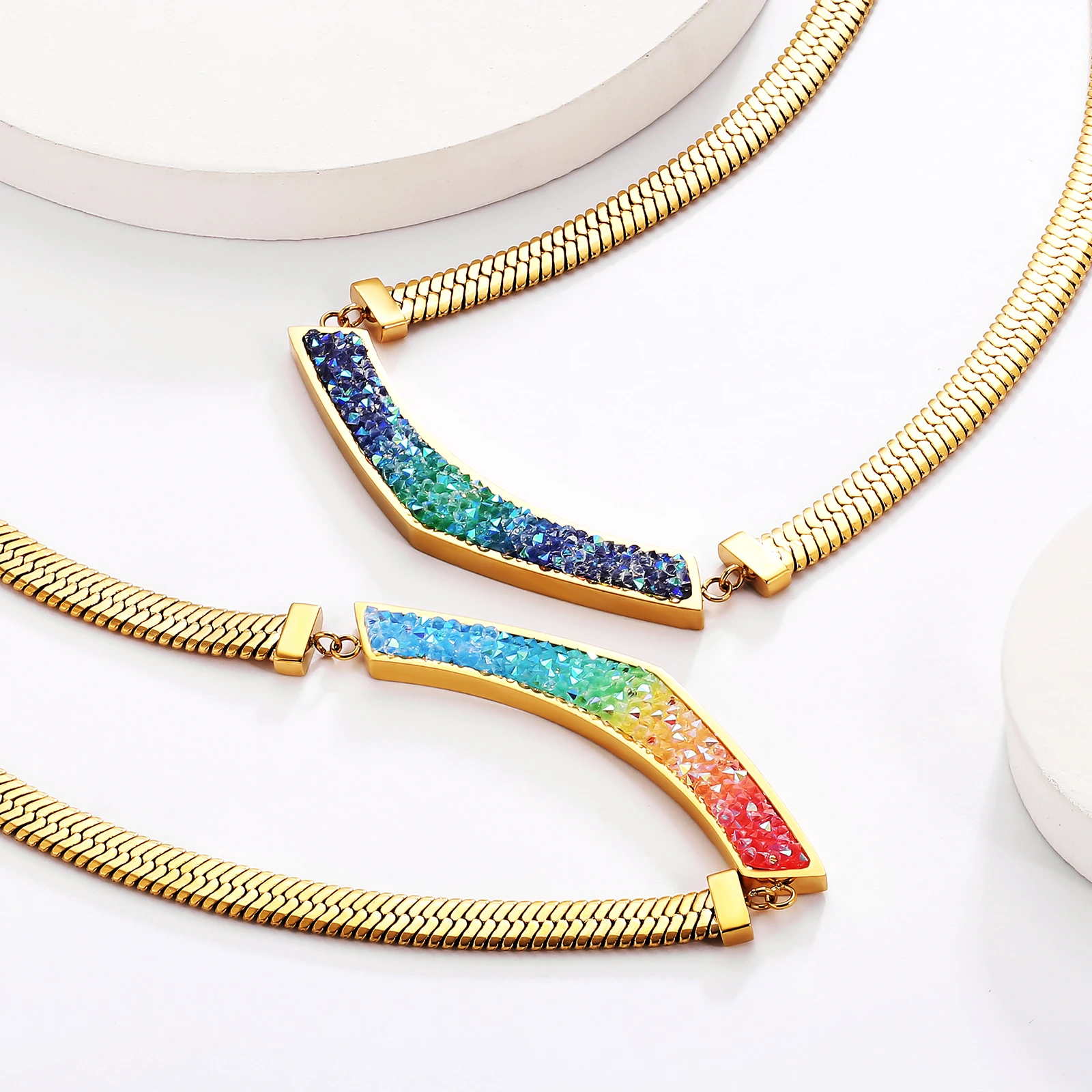 KRKC Snake Chain 316L Stainless Steel PVD 18K Real Gold Plated Rainbow Gold Crystal Pendant Necklace for Women
KRKC Snake Chain 316L Stainless Steel PVD 18K Real Gold Plated Rainbow Gold Crystal Pendant Necklace for Women
