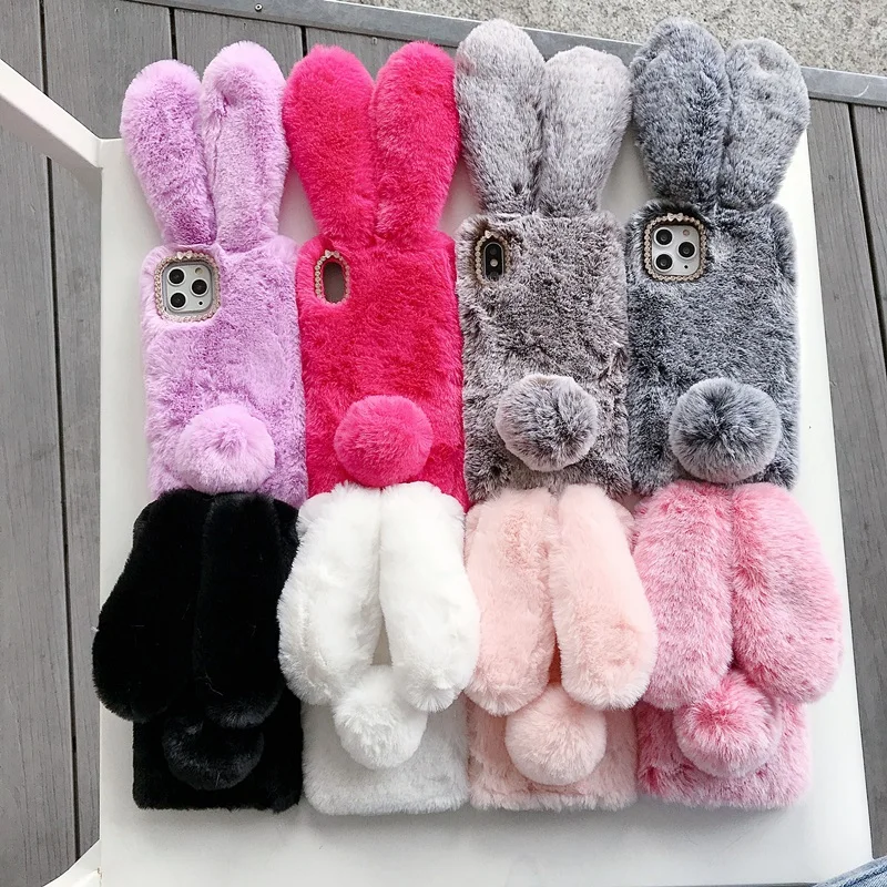 

3D Cute Rabbit Hairy Warm Fur case for iPhone SE 2 2020 6 6S 7 8 Plus 12 11 Pro X XS Max XR Bling Rhinestone Plush Bunny Cover
