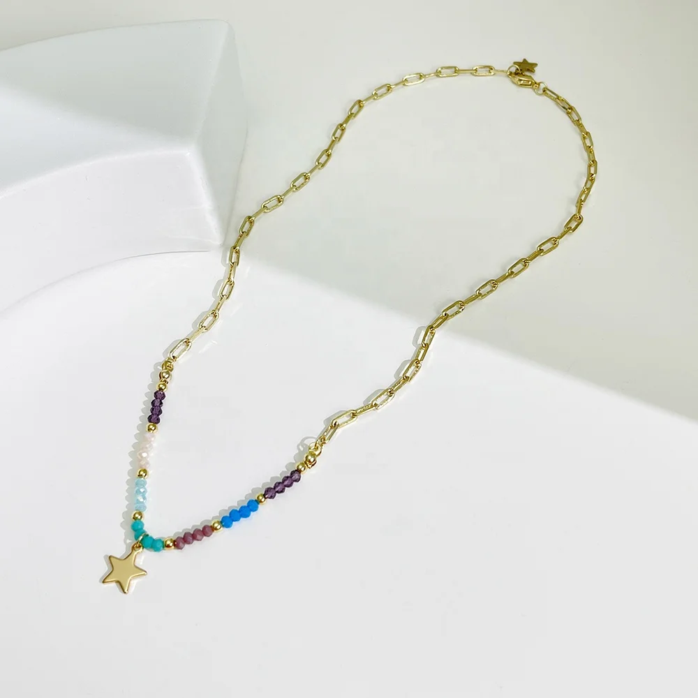 N0536 new design gold plated star oval chain copper necklace women acrylic rainbow bead star choker necklaces jewelry 2021
N0536 new design gold plated star oval chain copper necklace women acrylic rainbow bead star choker necklaces jewelry 2021