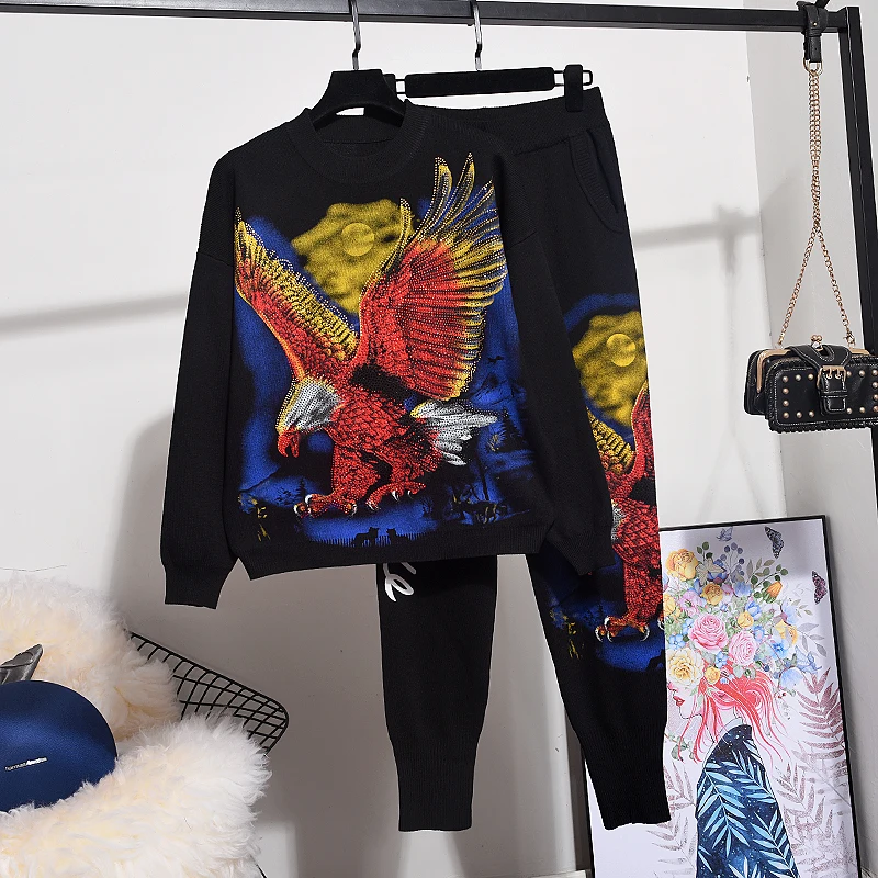 Vintage Eagle Hot Drilling Pullover Sweater Casual Knitted Pants Plus Size Two Piece Set Women's Fashion Sweater Set Knit Suits
Vintage Eagle Hot Drilling Pullover Sweater Casual Knitted Pants Plus Size Two Piece Set Women's Fashion Sweater Set Knit Suits