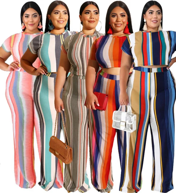 Summer 2021 Striped High Waist Plus Size Pants O-neck Short Sleeve Print Two Piece Pants Set
Summer 2021 Striped High Waist Plus Size Pants O-neck Short Sleeve Print Two Piece Pants Set