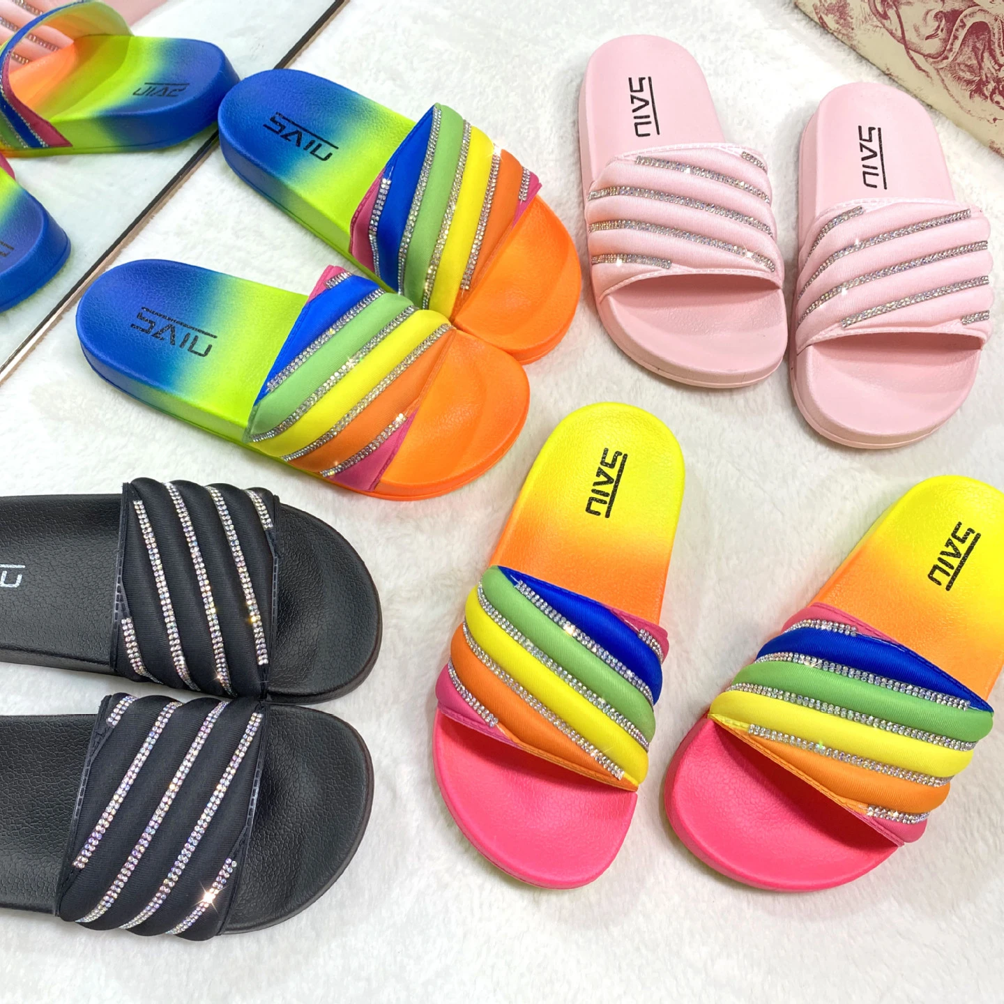 Fashion Summer Rainbow Rhinestone Slippers High Quality Tie Dye Ladies Diamond Sandals Colorful Slippers for Women, Black yellow red blue
Fashion Summer Rainbow Rhinestone Slippers High Quality Tie Dye Ladies Diamond Sandals Colorful Slippers for Women, Black yellow red blue