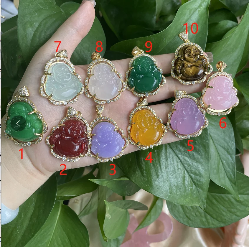

Multi Color Natural Jade Crystal Edge Buddha Pendant Necklace Stainless Steel Religious Maitreya Buddha Pendant Necklace