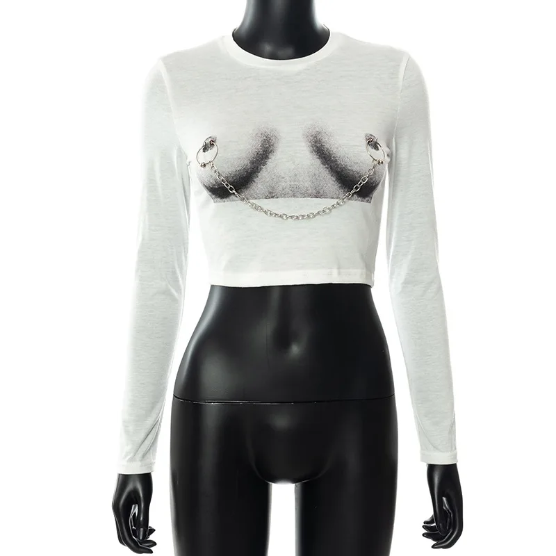 Wholesale fall clothing woman tops fashionable long sleeve skinny crop top t shirt with chain
Wholesale fall clothing woman tops fashionable long sleeve skinny crop top t shirt with chain