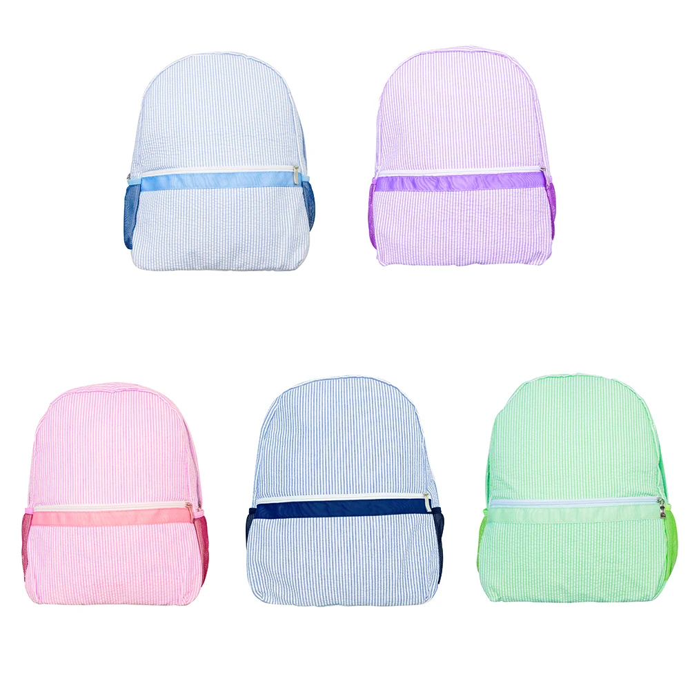 

Wholesale Monogrammed Preschool lightweight school travel seersucker backpack, Baby blue, pink, purple, mint, navy blue