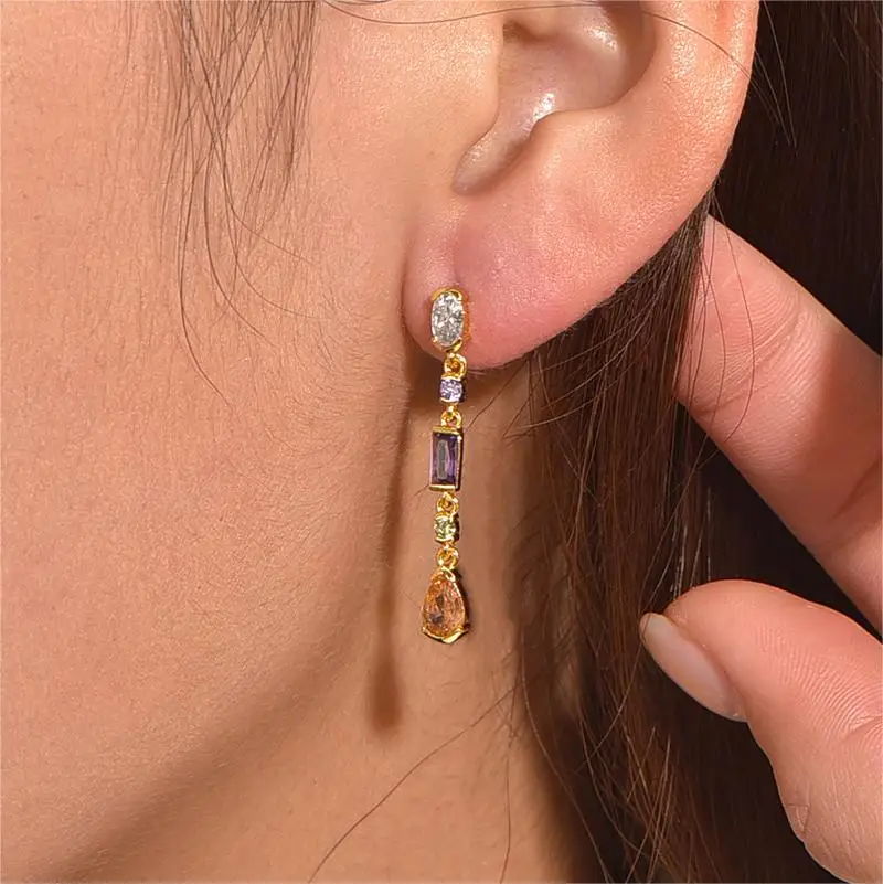 Delicate Multicolor water drop zircon earrings Women's long tassel Bohemian trend brass gold-plated earrings
Delicate Multicolor water drop zircon earrings Women's long tassel Bohemian trend brass gold-plated earrings