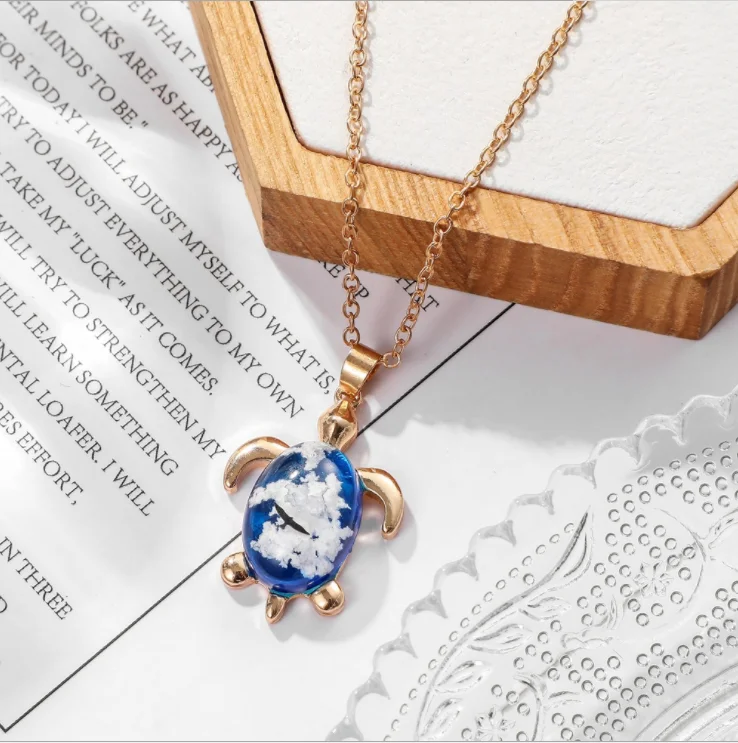 

Ethnic gold silver turtle blue sky white clouds eagle pendant necklace resin necklace link chain alloy necklace for woman girl, Picture