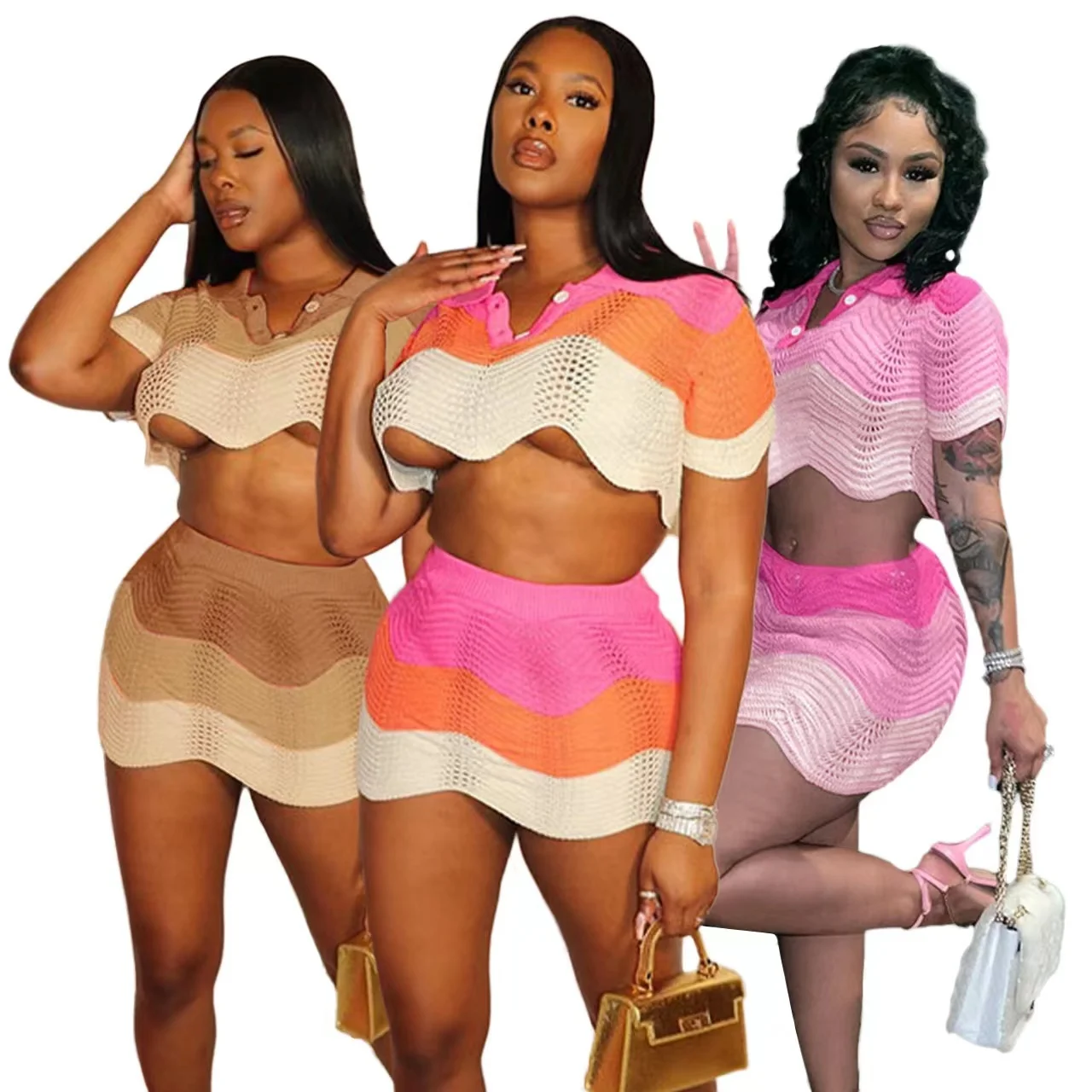 2022 Hot Casual Knitted Stitching Two Piece Set Women Short Sleeve Crop Button Top Bodycon Mini Skirt Female Sexy Clubwear Suit
2022 Hot Casual Knitted Stitching Two Piece Set Women Short Sleeve Crop Button Top Bodycon Mini Skirt Female Sexy Clubwear Suit