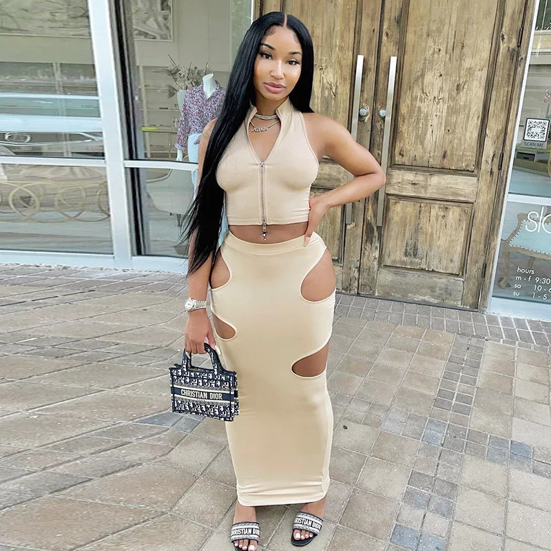 Sexy Two Piece Cut Out Zip Up Sleeveless Cropped Girl Top And Maxi Bandage Skirt Women, Customized
Sexy Two Piece Cut Out Zip Up Sleeveless Cropped Girl Top And Maxi Bandage Skirt Women, Customized