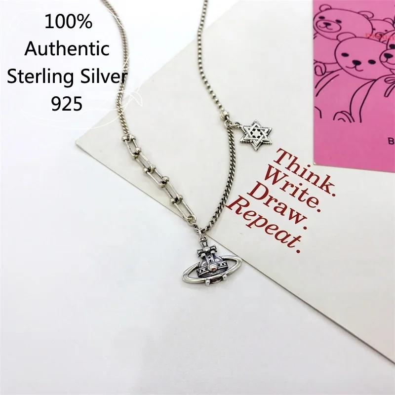 

925 Sterling Silver Oxidised Jewellery Vintage Star of David Sign Charm Planet Orb Saturn Pendant Necklace Oval Chain Choker
