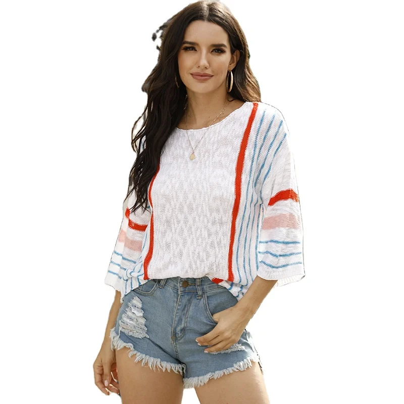 Trumpet Sleeve Sweater Top Fashion Vertical Stripes Color-blocking Sweater Women's Three-quarter Sleeve Loose Sweater GAO, As photo showed
Trumpet Sleeve Sweater Top Fashion Vertical Stripes Color-blocking Sweater Women's Three-quarter Sleeve Loose Sweater GAO, As photo showed