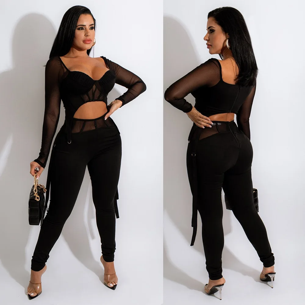 SZ3001 New women's fashion sexy mesh perspective long sleeve two trouser suits
SZ3001 New women's fashion sexy mesh perspective long sleeve two trouser suits