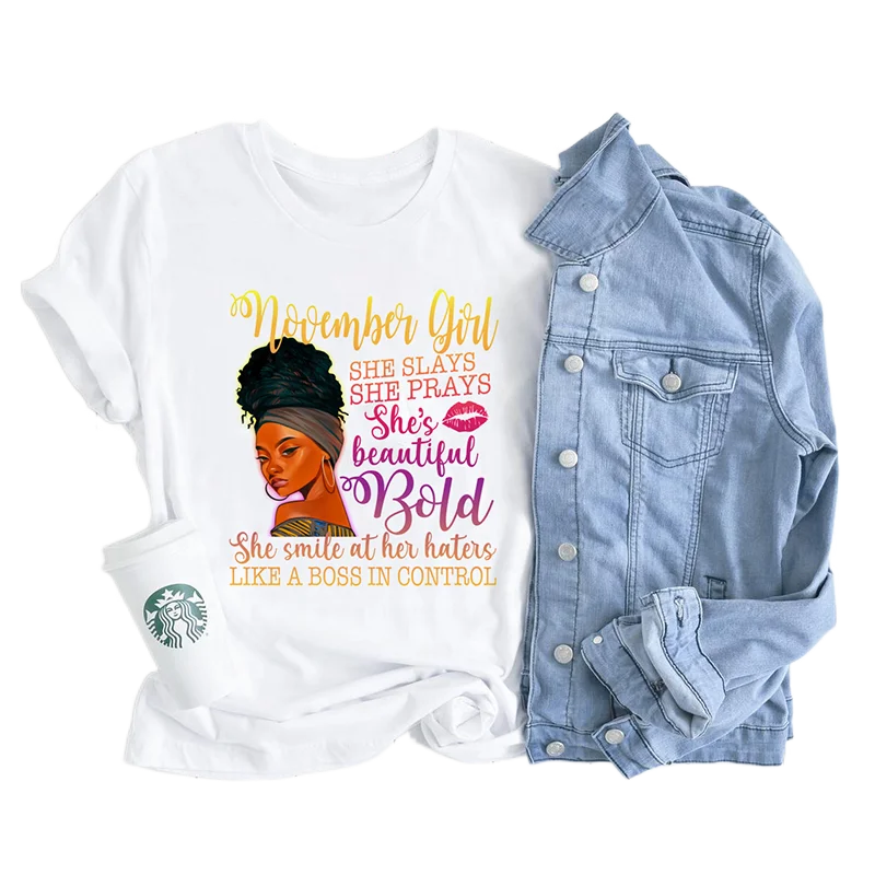 New Graphic Tees African Melanin November Queen Short Sleeve White Tshirt Custom Logo Clothes For Black Girl
New Graphic Tees African Melanin November Queen Short Sleeve White Tshirt Custom Logo Clothes For Black Girl