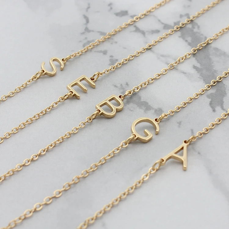

G235 Gold plated chain sideways pendant charm a-z stainless steel alphabet initial letter necklace