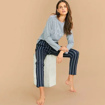 Striped Pajamas Long Sleeve Two Piece Home Wear Women Casual O-Neck Pyjamas, Green, blue, or customized color
Striped Pajamas Long Sleeve Two Piece Home Wear Women Casual O-Neck Pyjamas, Green, blue, or customized color