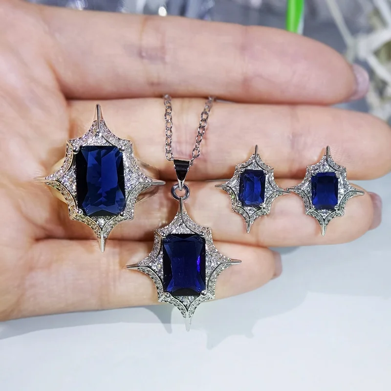 Exquisite Blue Zircon Pendant Chain Necklace Earrings Ring Jewelry Set Sunflower Zircon Women's Jewelry Set, Customized color
Exquisite Blue Zircon Pendant Chain Necklace Earrings Ring Jewelry Set Sunflower Zircon Women's Jewelry Set, Customized color