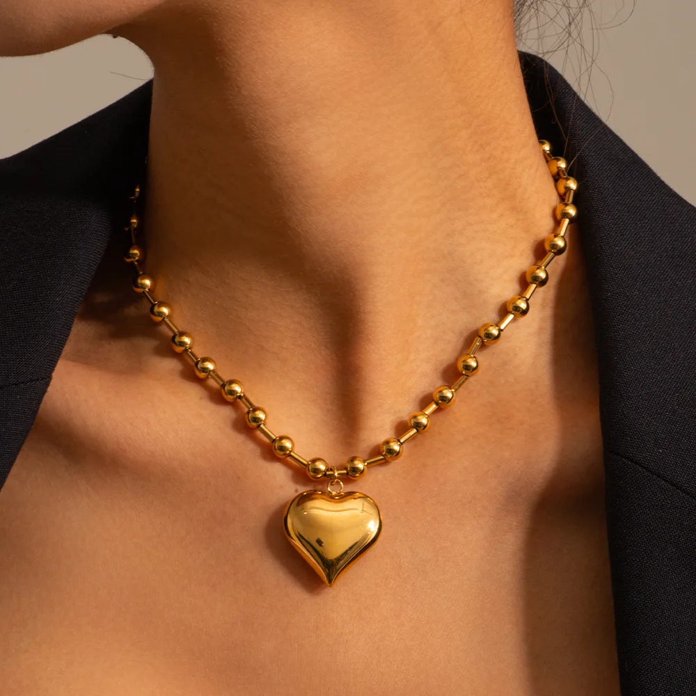 

Waterproof 18K Gold Plated Set jewelry Stainless Steel Bead Chain OT Buckle Chunky Heart Pendant Bracelet Necklace for Women
