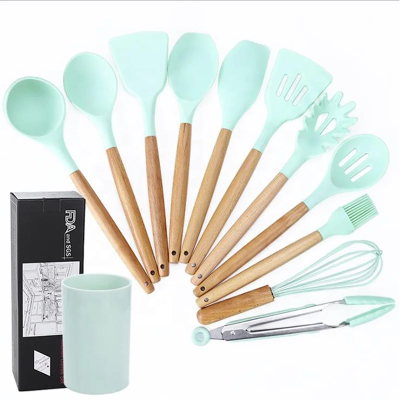 Heat resistant silicone kitchen tools with wooden handle