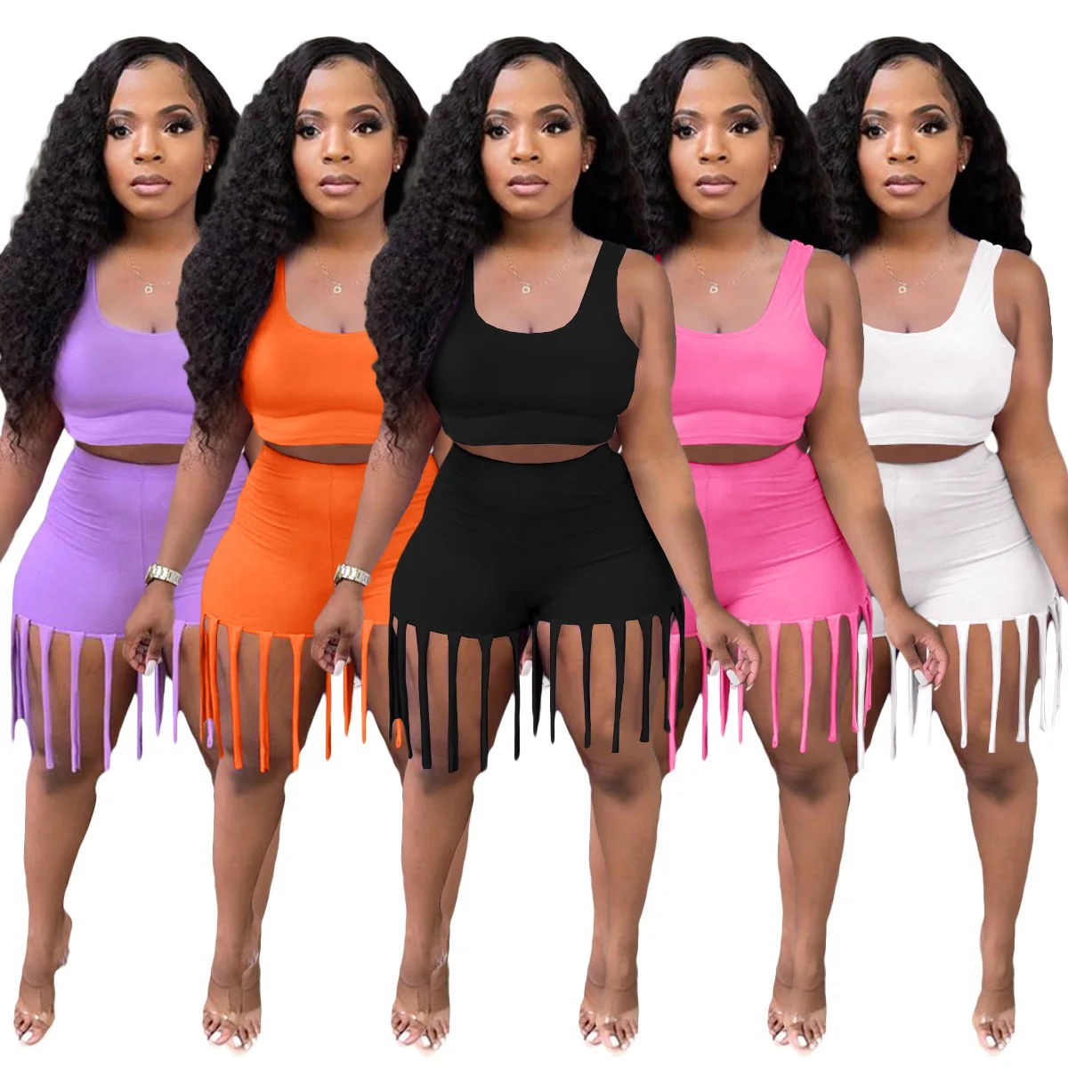 2022 Wholesale Casual Ladies Outfits Tank Top Tassels Shorts Solid Summer 2 Piece Set For Women
2022 Wholesale Casual Ladies Outfits Tank Top Tassels Shorts Solid Summer 2 Piece Set For Women