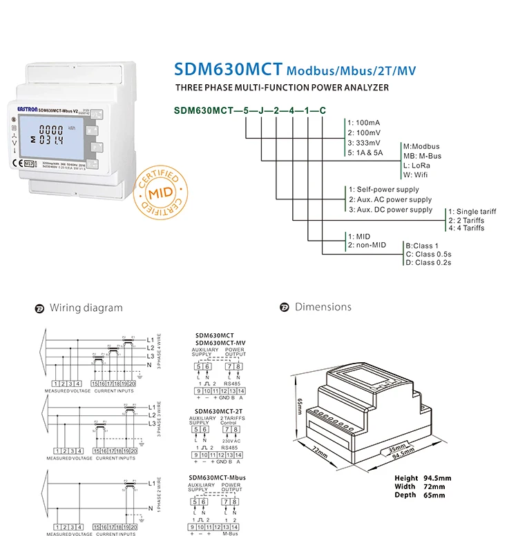 SDM630MCT V2 Three Phase Din Rail Modbus CT Connected Energy Meter Made