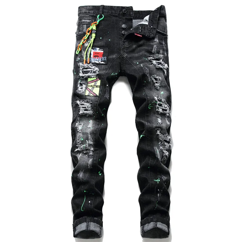 Foreign trade hot selling slim stretch embroidery inkjet stitching men's jeans, Black
Foreign trade hot selling slim stretch embroidery inkjet stitching men's jeans, Black