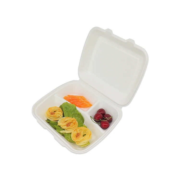 New arrival 3 compartment disposable biodegradable sugarcane food container with lid, White or natural
New arrival 3 compartment disposable biodegradable sugarcane food container with lid, White or natural
