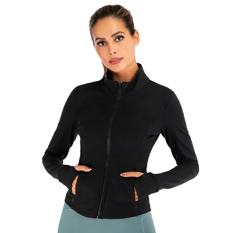 

Women yoga top sports shirt long sleeves stand collar zipper elastic tight running fitness clothes open navel yoga clothes