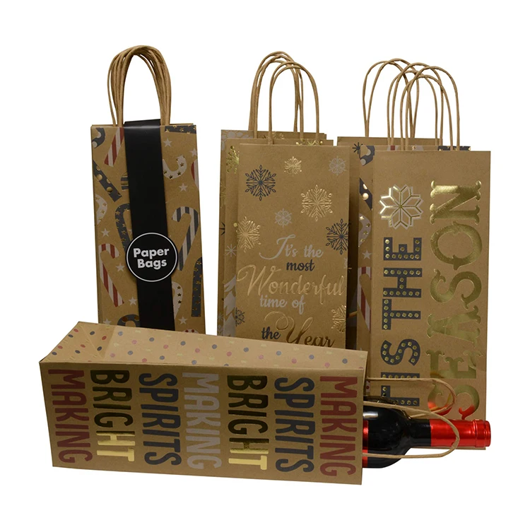 Custom Logo Shopping Packaging Glitter Wine Kraft Brown Paper Small Quantity Mini Christmas Gift Bags in Bulk with Handles
