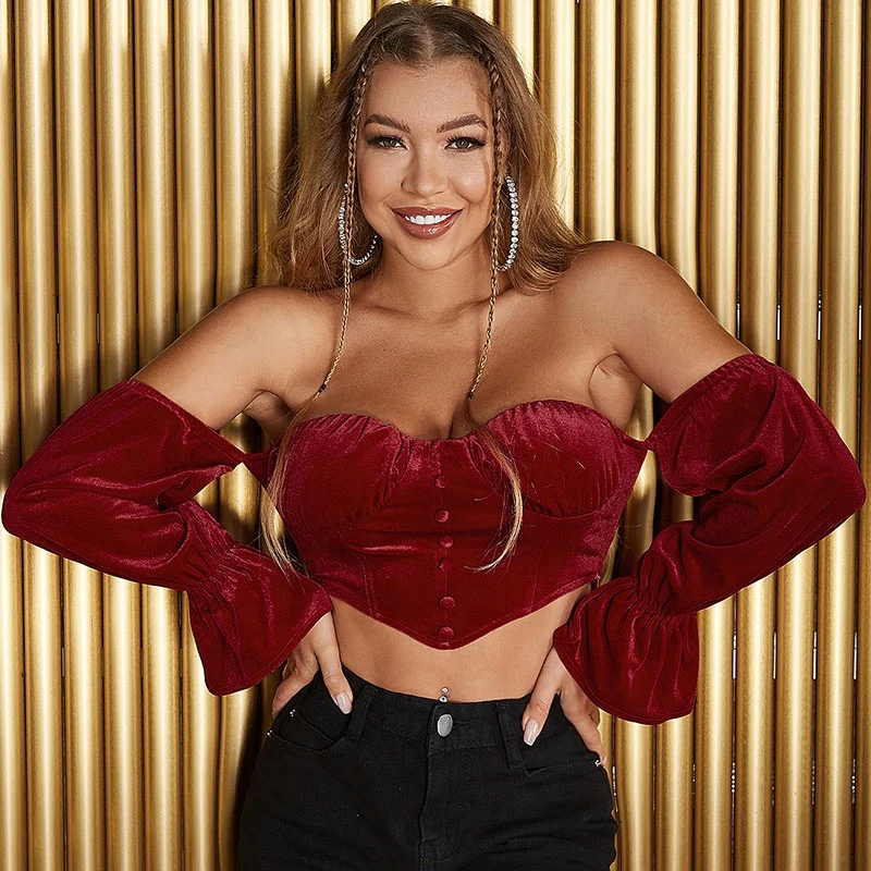 Vintage Velvet Short Blouse Sexy Women Clothing One Shoulder Long Sleeve Backless Crop Top Velour Women Crop Top Bale, Customized color
Vintage Velvet Short Blouse Sexy Women Clothing One Shoulder Long Sleeve Backless Crop Top Velour Women Crop Top Bale, Customized color