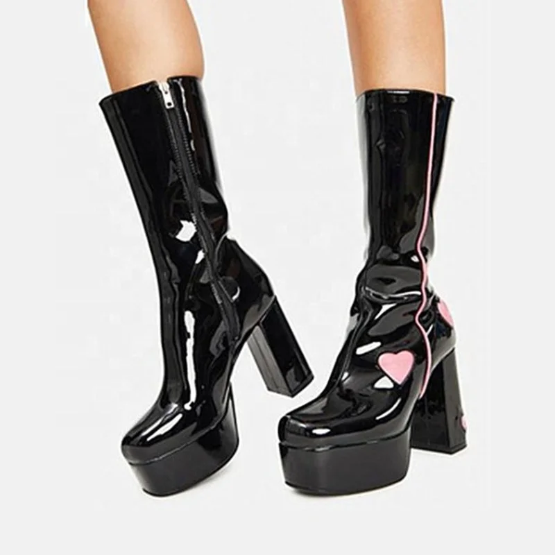 Fancy Sweet Lovely Women Winter Black Round Toe High Chunky Heels Heart-shaped Half Knee High Boots High Platform Zipper Shoes
