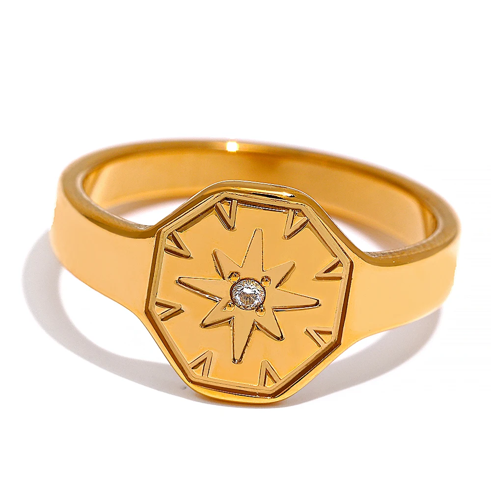 

JINYOU 320 Zircon North Star Geometric Statement Minimalist Ring 316 Stainless Steel Metal Charm PVD 18k Gold Plated Jewelry