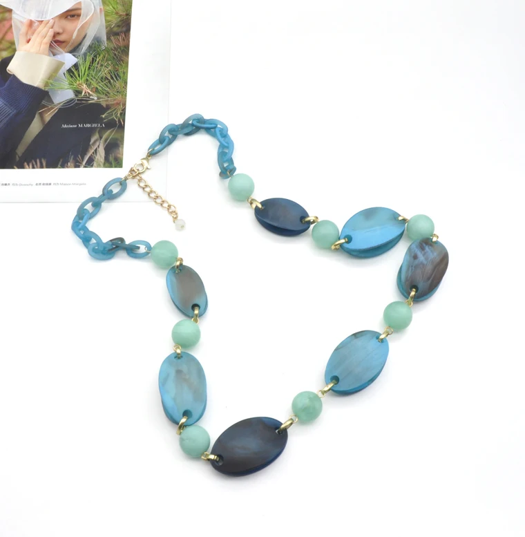 2021 trendy fashion unique resin acrylic bead and hoop jewelry for women acid lake blue necklace