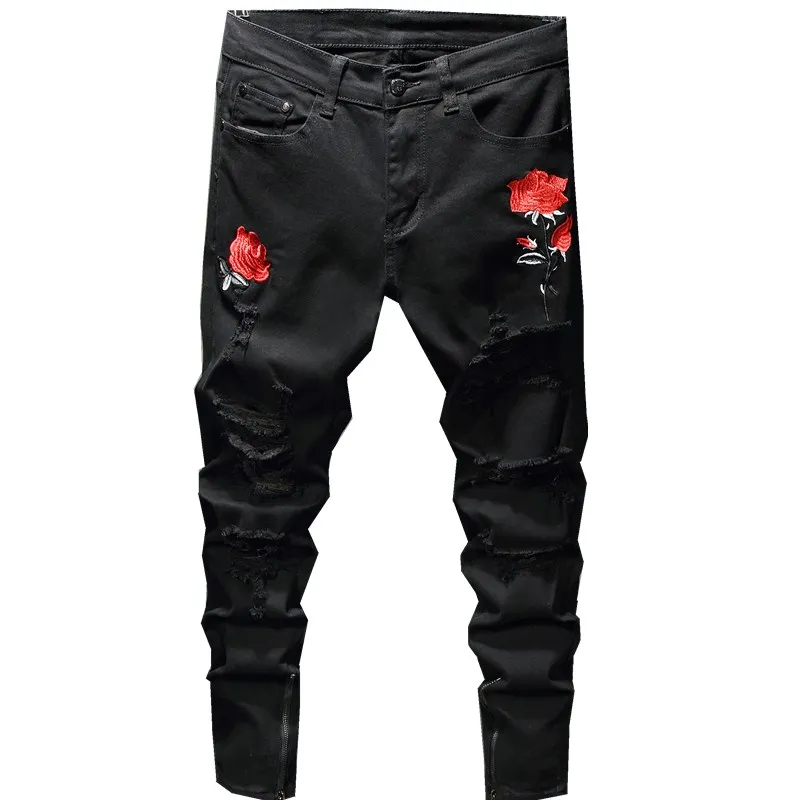 Foreign trade style black embroidery trousers zipper rose flower ripped men's jeans
Foreign trade style black embroidery trousers zipper rose flower ripped men's jeans
