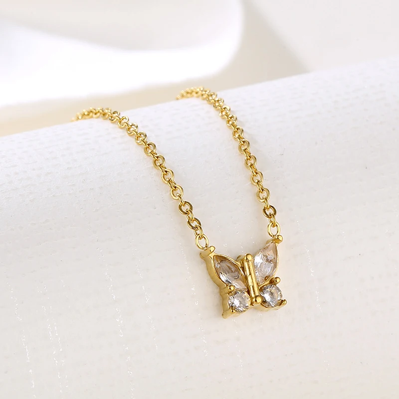 PVD 18k Gold Plated Stainless Steel Charm Cofourful Crystal Pendant White Zircon Diamond Small Butterfly Necklace for Women
PVD 18k Gold Plated Stainless Steel Charm Cofourful Crystal Pendant White Zircon Diamond Small Butterfly Necklace for Women