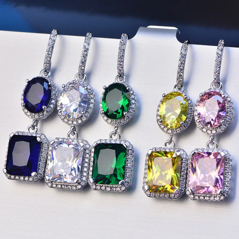 European and American style fashion super flash square diamond green yellow blue pink white color zircon earrings, As pics
European and American style fashion super flash square diamond green yellow blue pink white color zircon earrings, As pics