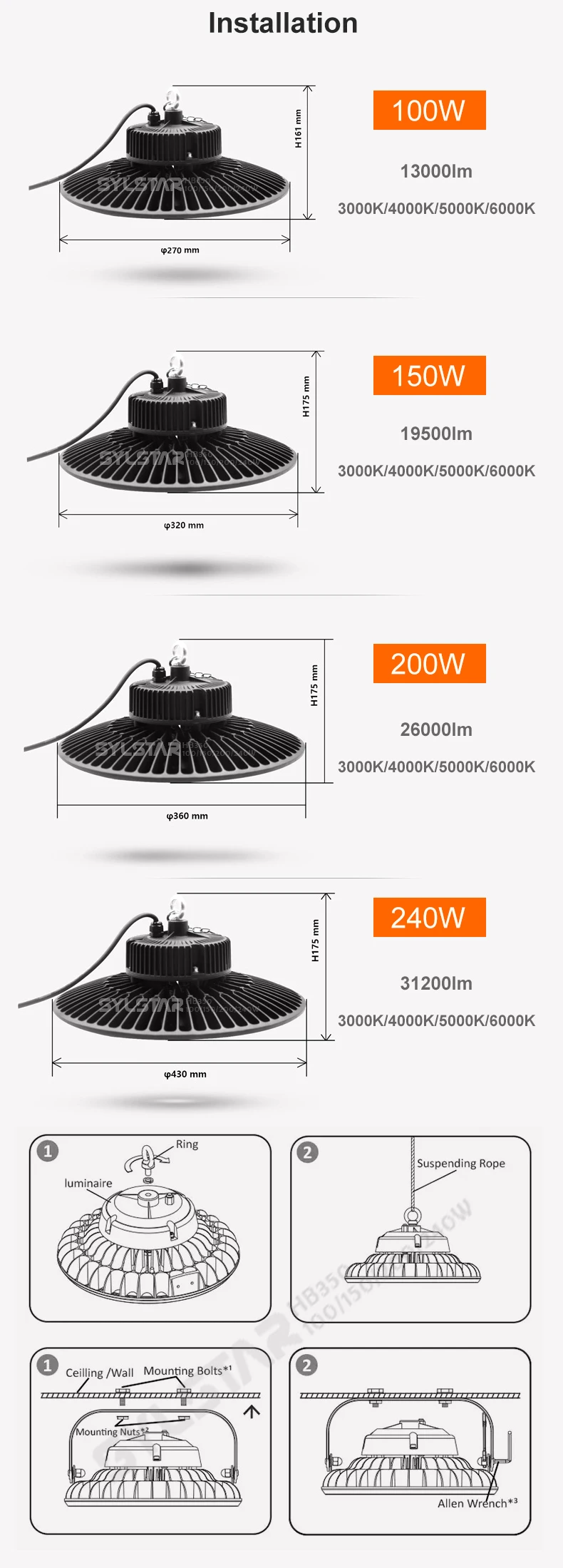 Competitive price IP65 130lm/W 5 years warranty led high bay light 100w 150w 240w luminaire year zigbee for warehouse - ANKUX.COM