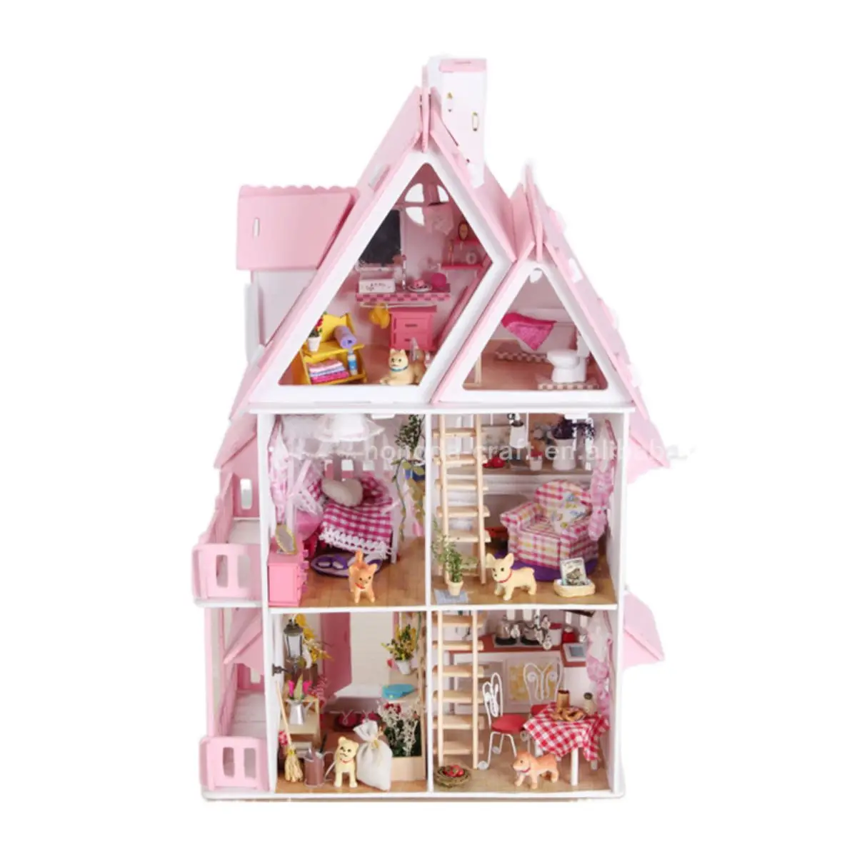 New Arrival Mini House Wood Toy Diy Doll Furniture Wooden Toy Assembling Tool Pink Castle